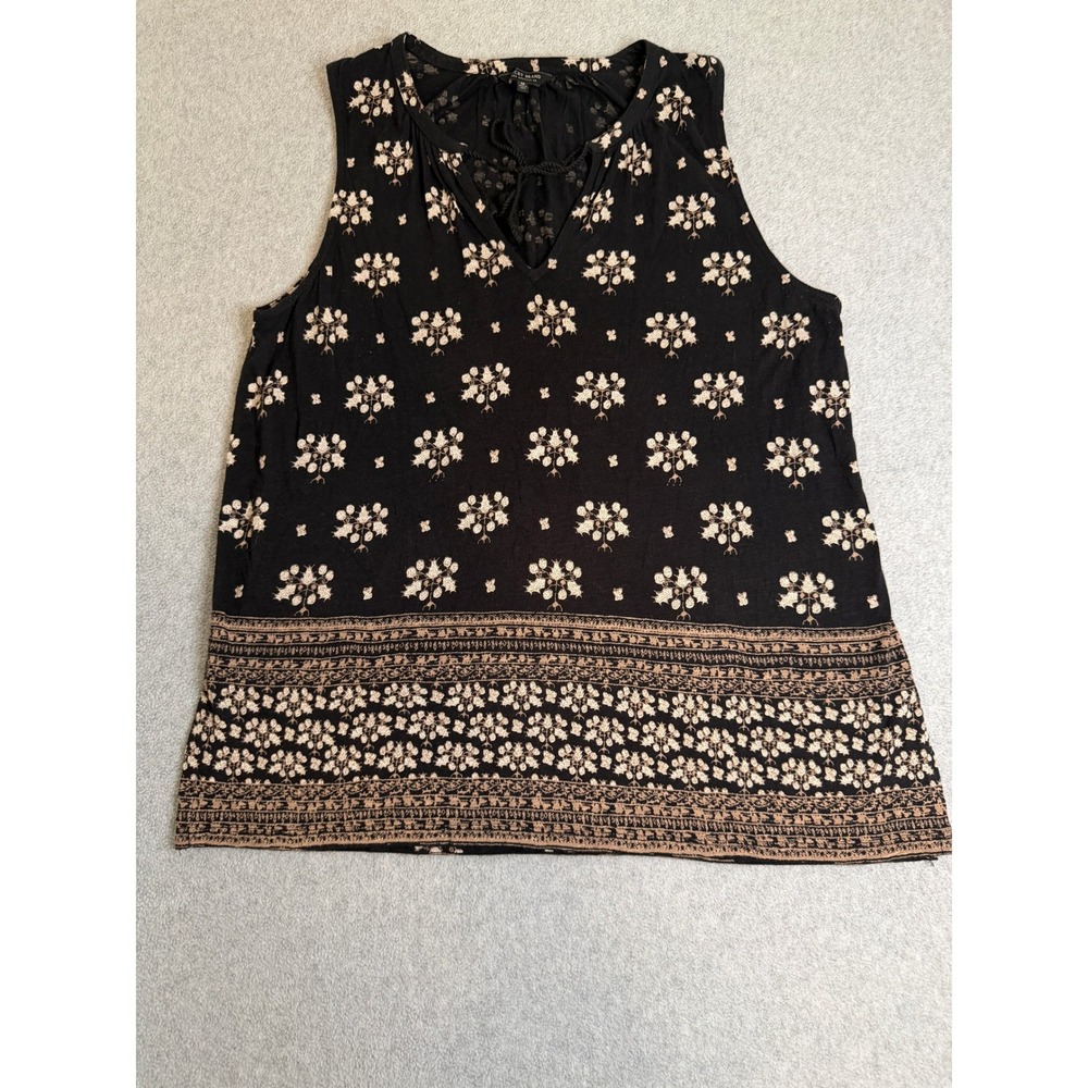 Lucky Brand Womens Black Floral Boho Sleeveless Tassel Tie Blouse Top Medium